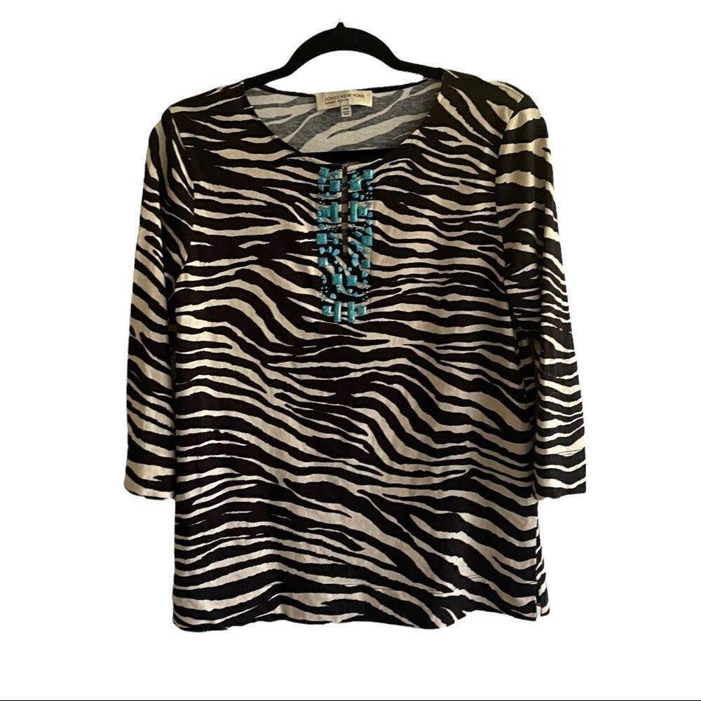 JONES NEW YORK Zebra Print Embellished Blouse Black Tan MP